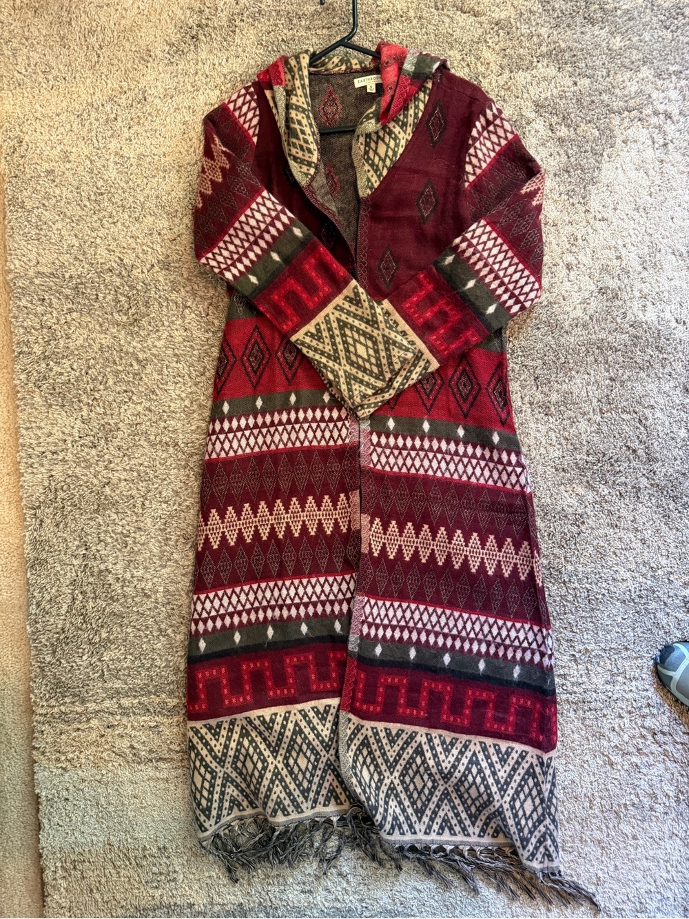 Boho Aztec Hooded Maxi Dress Coat in Burgundy